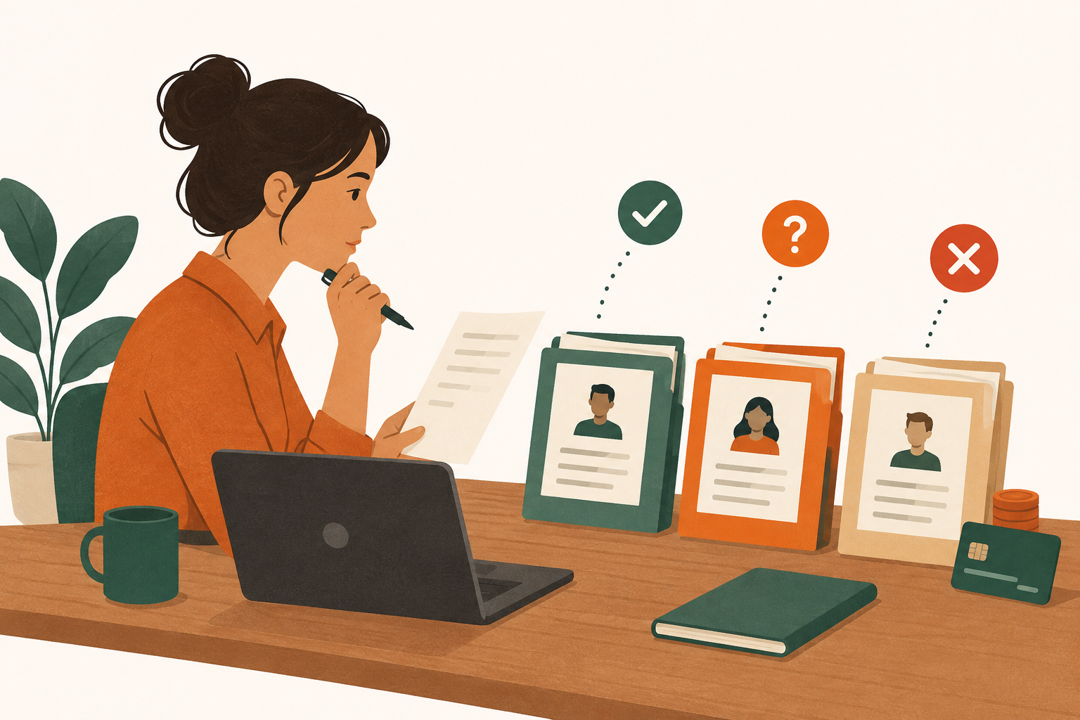 Conceptual illustration of a bank risk analyst reviewing loan files with uncertain outcomes.